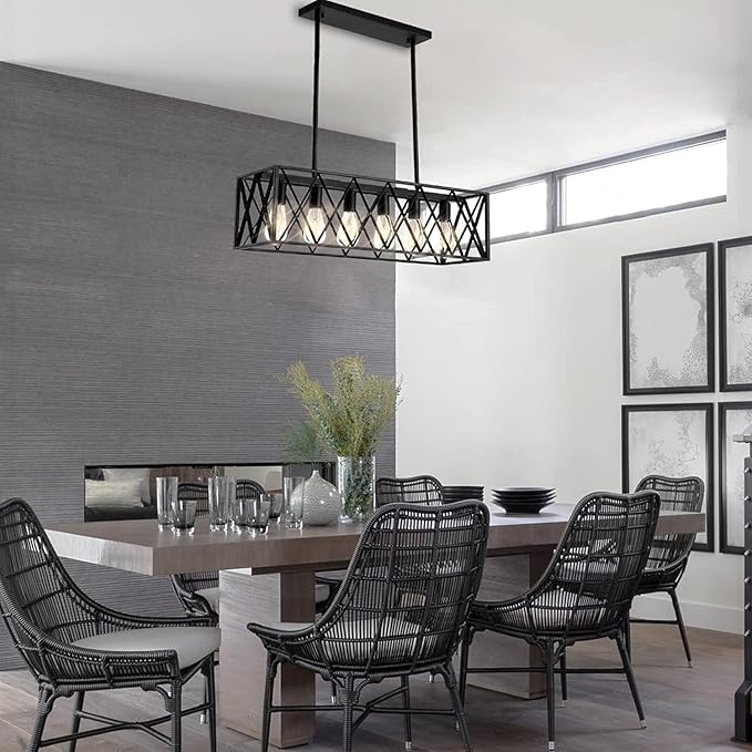 Farmhouse Chandelier for Dining Room Kitchen Island Pendant Lighting 6-Light Black Metal Industrial Bar Chandelier Vintage Hanging Rectangle Linear Light Fixtures