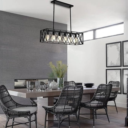 Farmhouse Chandelier for Dining Room Kitchen Island Pendant Lighting 6-Light Black Metal Industrial Bar Chandelier Vintage Hanging Rectangle Linear Light Fixtures