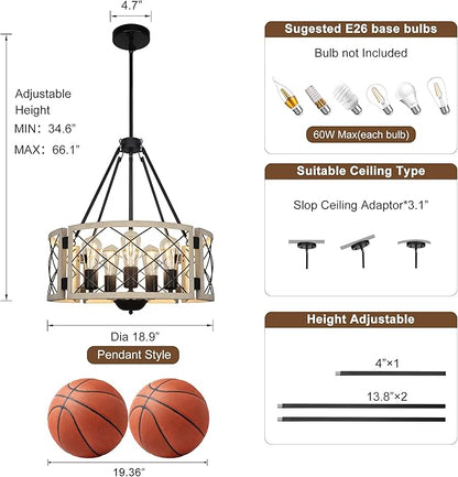 Sigaitwei 18.9'' Farmhouse Drum Chandelier, 5-Light Adjustable Dining Room Light Fixture Kitchen Island Lighting, Rustic Hanging Lights for Entryway Dining Room Kitchen Table Foyer Living Room.