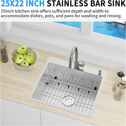 25x22 Inch Stainless Steel Kitchen Sink - Drop In Single Bowl Topmount Kitchen Sink Come With Bottom Grid, Silicon Mat And Drain Assembly Set Stylish and Modern Look Add Elegance & Enhance Usability
