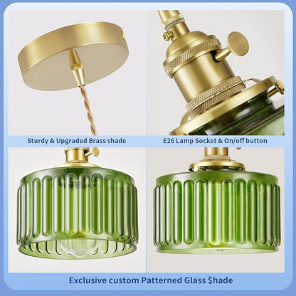 WimiSom 2 Pack Industrial Pendant Lighting, Modern Green Glass Shade Farmhouse Adjustable Hanging Light Fixtures for Kitchen Island Living Room Bedroom Hallway, Green