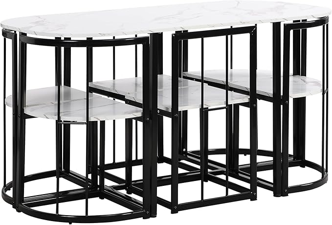 RuiSiSi 7 Piece Dining Table Set for 4, Metal Kitchen Table Set with Faux Marble Tabletop and 6 Dining Chairs for Kitchen, Dining Room, Small Space, Black+White