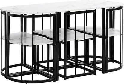 RuiSiSi 7 Piece Dining Table Set for 4, Metal Kitchen Table Set with Faux Marble Tabletop and 6 Dining Chairs for Kitchen, Dining Room, Small Space, Black+White