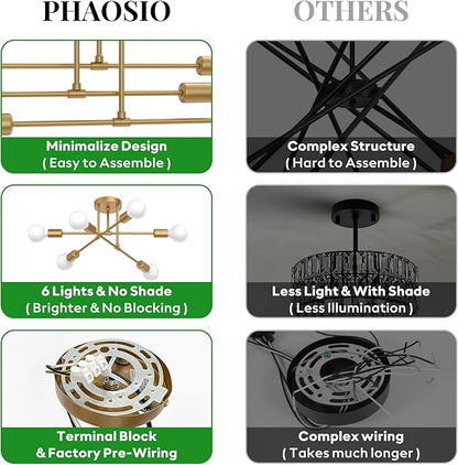 Modern Sputnik Chandelier, 6-Lights 22" Bronze Antique Copper Finish Ceiling Fixture, Mid Century Industrial Semi Flush Mount for Dining Room Bedroom Living Room (NOT Bright Gold)