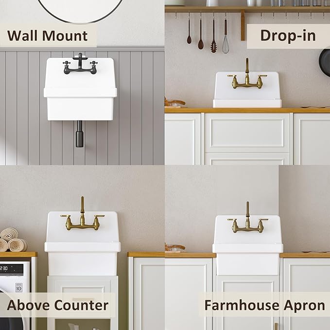 21 Inch Wall Mount Utility Sink, High Back Farmhouse Sink, White Ceramic Bathroom Sink Above Counter, Floating Porcelain Laundry Tub for Kitchen, Bathroom, Garage (21.3" x 16.2")