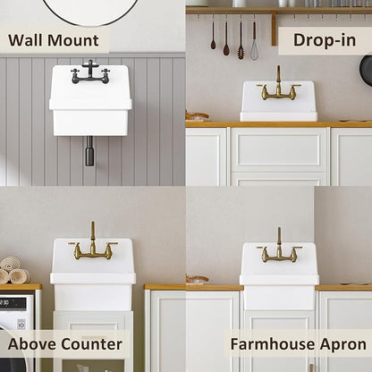 21 Inch Wall Mount Utility Sink, High Back Farmhouse Sink, White Ceramic Bathroom Sink Above Counter, Floating Porcelain Laundry Tub for Kitchen, Bathroom, Garage (21.3" x 16.2")