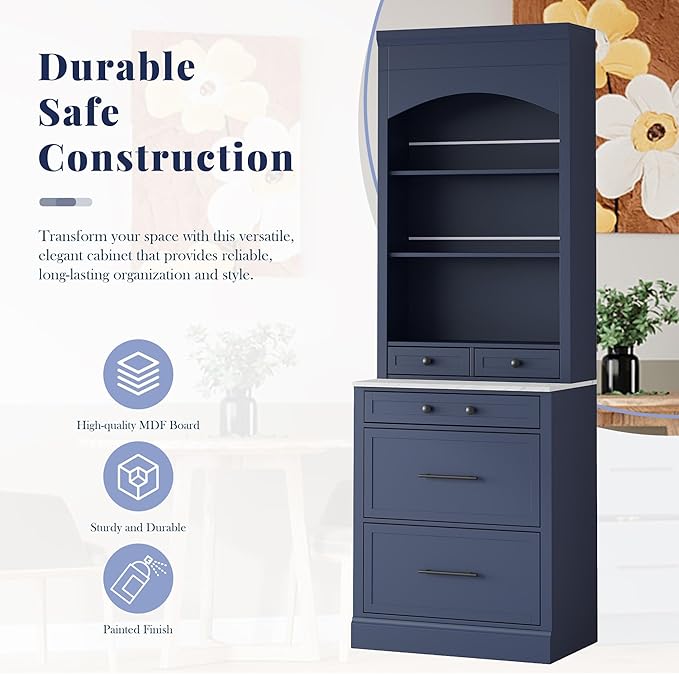 Modern 83.7inch High Kitchen Pantry Freestanding Tall Hutch with Faux Marble Top Display Cupboard with 5 Storage Drawers Practical(Blue)