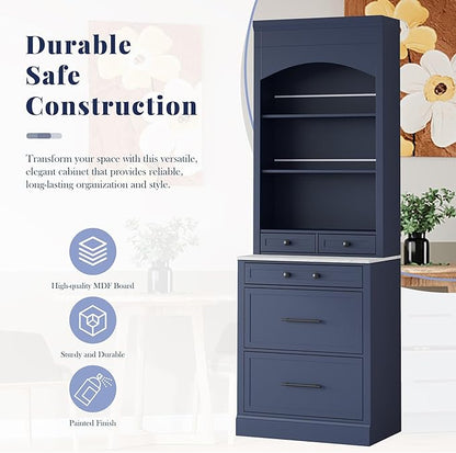 Modern 83.7inch High Kitchen Pantry Freestanding Tall Hutch with Faux Marble Top Display Cupboard with 5 Storage Drawers Practical(Blue)