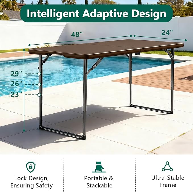 Folding Table 4FT Heavy Duty Plastic Table with Handle, Foldable&Portable, Fold-in-Half Utility Tables for Outdoor, Dining, Wedding, Events, Indoor, Picnic, Camping, Party, Brown