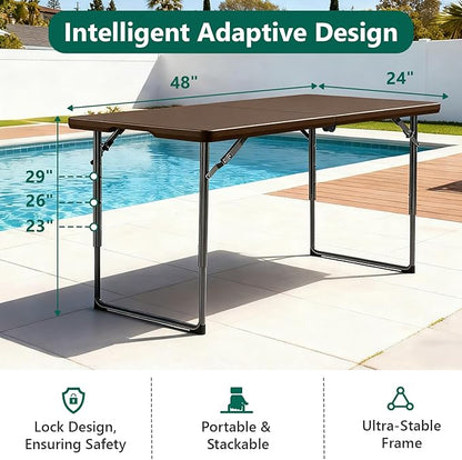 Folding Table 4FT Heavy Duty Plastic Table with Handle, Foldable&Portable, Fold-in-Half Utility Tables for Outdoor, Dining, Wedding, Events, Indoor, Picnic, Camping, Party, Brown