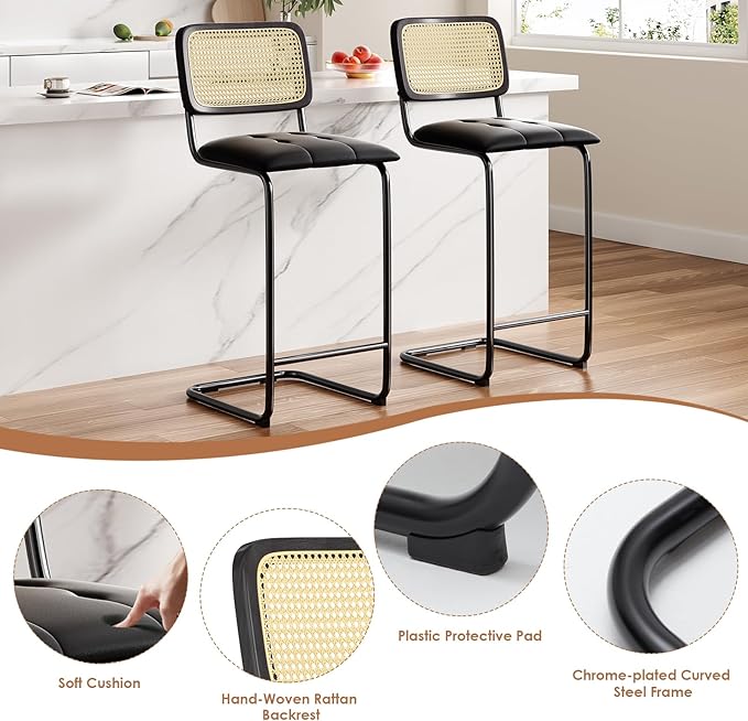 Counter Height Bar Stools Set of 2, Upholstered PU Leather Bar stools with Rattan Back, 30 inch Stools Armless Bar Chairs for Kitchen Island, Black