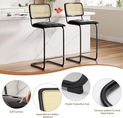 Counter Height Bar Stools Set of 2, Upholstered PU Leather Bar stools with Rattan Back, 30 inch Stools Armless Bar Chairs for Kitchen Island, Black