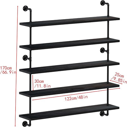 HDDFER Floating Shelves for Wall Bookshelf Industrial Pipe Shelving Shelves 48 Inch 5 Tier Natural Wood Planks Rustic Wall Shelves Hanging Bookshelves Farmhouse Kitchen Shelving Black