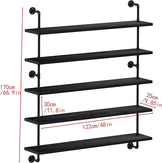 HDDFER Floating Shelves for Wall Bookshelf Industrial Pipe Shelving Shelves 48 Inch 5 Tier Natural Wood Planks Rustic Wall Shelves Hanging Bookshelves Farmhouse Kitchen Shelving Black