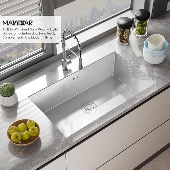 MAYESAR 27" Undermount Stainless Steel Kitchen Sinks, 27 x 18 Inch 16 Gauge Single Bowl Kitchen Sink, Honeycomb Embossed Design Prevents Scratches and Wear, with Accessories