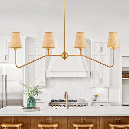 VILUXY 4-Light Linear Kitchen Island Lighting Fixture 47’’ Dining Room Chandelier with Hand Woven Rattan Shade Linear Pendant Light Fixture Gold, UL Listed