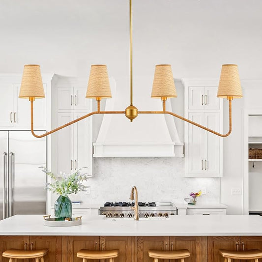 VILUXY 4-Light Linear Kitchen Island Lighting Fixture 47’’ Dining Room Chandelier with Hand Woven Rattan Shade Linear Pendant Light Fixture Gold, UL Listed