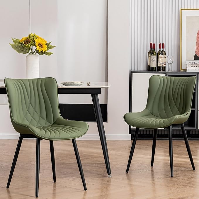 Kidol & Shellder Dining Chairs Set of 2, Mid Century Modern Kitchen Chairs with Black Metel Legs, PU Leather Upholstered Side Chair for Dining Room, Living Room, Lounge, Restaurant, Bean Green