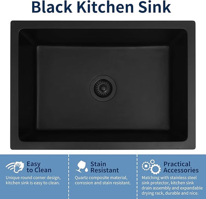 Black Kitchen Sink, Matte Black Granite Composite Kitchen Sink, 27 Inch Undermount Quartz Stone Kitchen Sinks, 27" x 18" x 9" Single Bowl Kitchen Sinks With Accessories