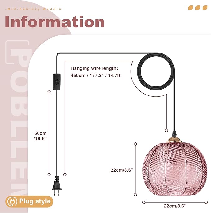 Hanging Plug in Lights for Ceiling 2 Pack, Pink Glass Chandelier Plug in Light Fixture, Modern Corded Hanging Lamps for Living Room Kitchen Dining Room Girls Bedroom