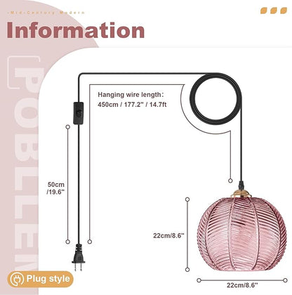 Hanging Lamp Pink Chandeleir Plug in Hanging Light Fixture with Cord Ribbed Glass Hanging Pendant Light Plug in Vintage Hanging Swag Lamps for Living Room Kitchen Dining Room Girls Bedroom