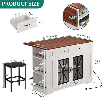 YITAHOME Kitchen Island with Seating, 47 Inch Mobile Storage Island with Drop Leaf, Rolling Islands Table with Power Outlet & Spice Rack, 2 Upholstered Stools and Footrest, for Dining Room, Off White