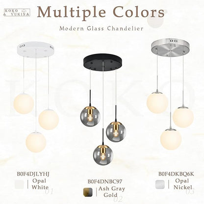 KoKo&Yukina Gold 3-Light Globe Pendant Light Modern Globe Chandelier Light Fixture Hanging Lights Adjustable with Grey Glass Pendant Lights Kitchen Island