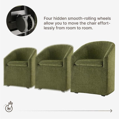 KISLOT Upholstered Dining Chairs with Casters, Washable Cover Modern Dining Room Chairs with Barrel Backrest & Dual Armrest for Kitchen, Living Room, Bedroom, Green Fabric, 2PCS