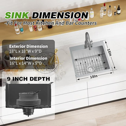 Kitchen And Bar Sink, 18x18 Inch Stainless Steel Drop In Modern Single Bowl Small Kitchen And Bar Sink Combo-SS Grid,Silicon Mat,Drain Strainer Set Compatibility With Various Modern&Classic Style