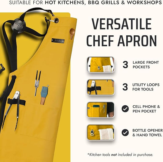 Asaya Chef and BBQ Apron with Bottle Opener and Hand Towel - 10oz Cotton Canvas, Stainless Steel Hardware - Cross Back Straps