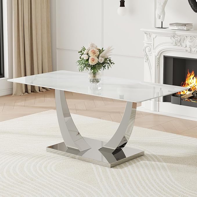 71" Modern Kitchen Table, Faux Marble Dining Room Table with 0.4" Thick Tempered Glass Top, White Dining Table with Silver U-Shaped Metal Base for Kitchen Dining Room