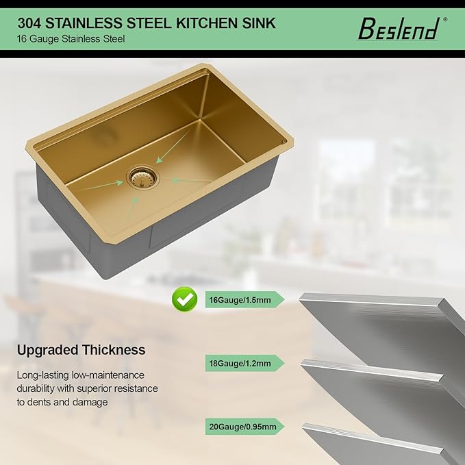 30x19 Undermount Gold Kitchen Sink - Beslend Stainless Steel Ledge Workstation Kitchen Sinks Gold Sink 16 Gauge Single Bowl Undermount Basin