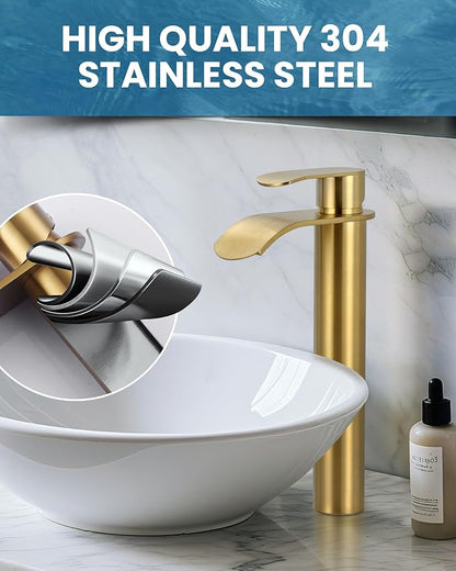 Vessel Sink Faucet Gold for Bathroom：WOWOW Single Handle Tall Bathroom Faucet - Waterfall Single Hole Mixer Bar Tap with Large Rectangular Spout, Deck Mount Lavatory Vanity with Pop Up Drain