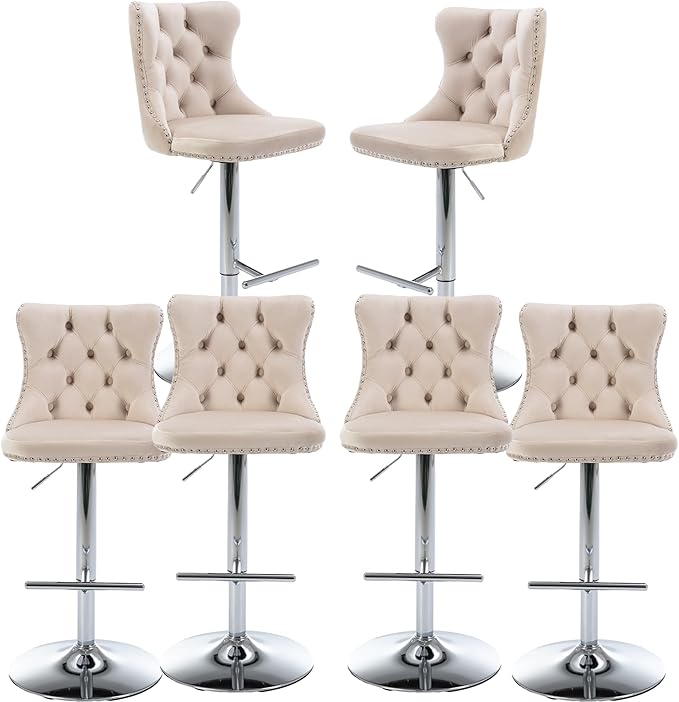 Rhomtree Velvet Swivel Bar Stools Upholstered Bar Stool with Button Tufted Back and Pull Ring Height Adjustable Barstools 25-33 Inch for Home Pub and Kitchen Island (Beige with Silver Base, Set of 6)
