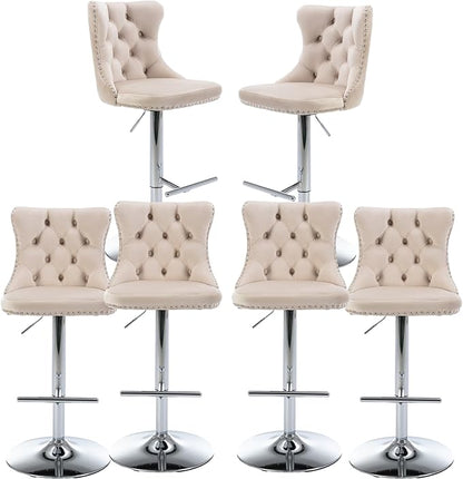 Rhomtree Velvet Swivel Bar Stools Upholstered Bar Stool with Button Tufted Back and Pull Ring Height Adjustable Barstools 25-33 Inch for Home Pub and Kitchen Island (Beige with Silver Base, Set of 6)
