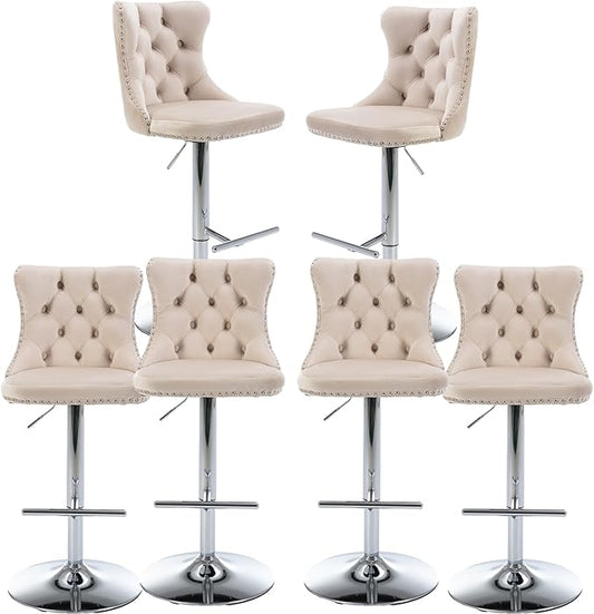 Rhomtree Velvet Swivel Bar Stools Upholstered Bar Stool with Button Tufted Back and Pull Ring Height Adjustable Barstools 25-33 Inch for Home Pub and Kitchen Island (Beige with Silver Base, Set of 6)
