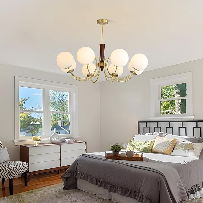 KCO Lighting 8 Light Brass Gold Chandelier White Milk Glass Pendant Light Mid Century Modern Dining Room Chandelier Vintage Chandeliers for Bedroom