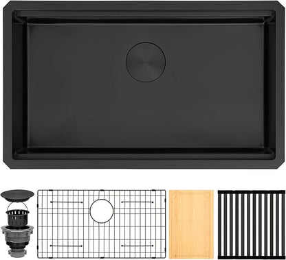Black Undermount Kitchen Sink 30 x 18 Inch,16 Gauge 304S Stainless Steel Workstation Sinks with Ledge & Accessories, 30" x 18" x 6" ADA-Compliant Kitchen Sink, 6 Inch Deep ADA Black Sink