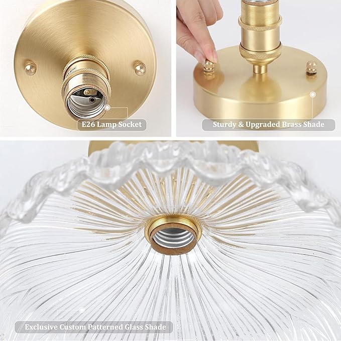 Shenmoyl Semi Flush Mount Ceiling Light, Gold Hallway Vintage Fixture With Clear Flower Glass, Bulb Included, 4.72" Base Modern Light for Porch Corridor Kitchen Bedroom