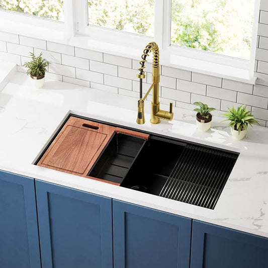 CELAENO 36 inch Black Stainless Steel Undermount Kitchen Sink, 36x19 Handmade 16 Gauge Single Bowl Workstation Sink, 10 Inch Deep Modern Kitchen Basin is equipped with various accessories