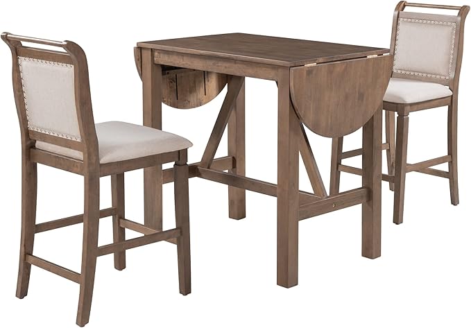 Farmhouse 3 Piece Counter Height Dining Table Set with Drop Leaf Round and 2 Upholstered Dining Chairs, Heavy Solid Wood Kitchen Dining Table Set for Small Place (Brown/Drop Leaf*A)