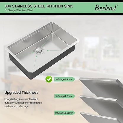 27 Inch Undermount Kitchen Sink - Beslend ADA 7 Inch Depth 27x18 Undermount Worksation Sinks Under Counter Stainless Steel 16 Gauge Mobility Friendly Sink for Wheelchair Accessible Kitchen