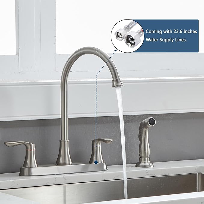 Friho Kitchen Faucet with Side Sprayer, Brushed Nickel Stainless Steel Kitchen Faucets with Supply Line, 3 or 4 Hole 2 Handle Kitchen Sink Faucet for RV Laundry Utility Bar