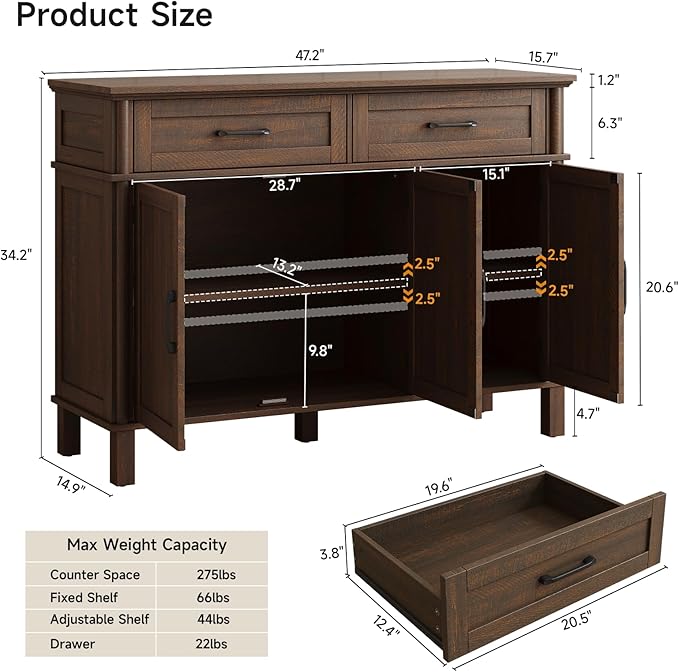 ONBRILL 48 Inches Buffet Cabinet with Storage, Farmhouse Sideboard Buffet w/2 Drawers and 3 Doors, Wood Coffee Bar Cabinet with Adjustable Shelves, Sideboard Storage for Kitchen, Living Room, Brown