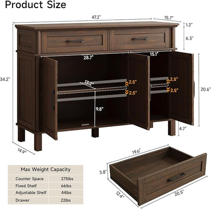 ONBRILL 48 Inches Buffet Cabinet with Storage, Farmhouse Sideboard Buffet w/2 Drawers and 3 Doors, Wood Coffee Bar Cabinet with Adjustable Shelves, Sideboard Storage for Kitchen, Living Room, Brown