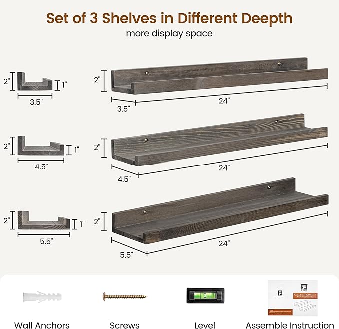FLYJOE Picture Ledge Wall Shelves - 24 Inch Width Set of 3, Solid Pine Wood Rustic Floating Ledge Shelves for Kids' Room, Bedroom, Kitchen, Bathroom, Living Room, Nursery Display Wall Decor, Grey