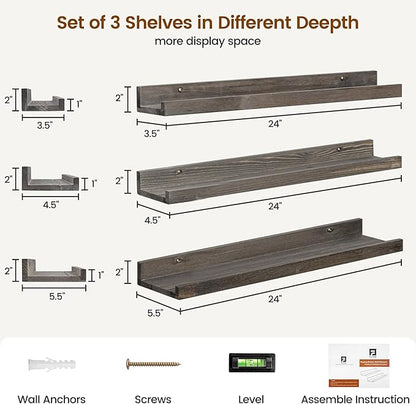 FLYJOE Picture Ledge Wall Shelves - 24 Inch Width Set of 3, Solid Pine Wood Rustic Floating Ledge Shelves for Kids' Room, Bedroom, Kitchen, Bathroom, Living Room, Nursery Display Wall Decor, Grey