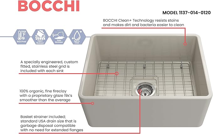 BOCCHI Classico Farmhouse Apron Front Fireclay 24 in. Single Bowl Kitchen Sink with Protective Bottom Grid and Strainer in Biscuit