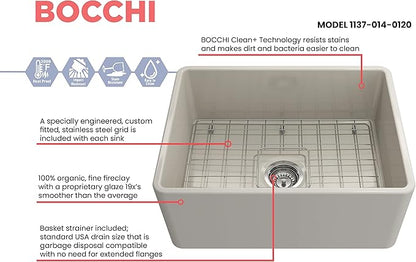 BOCCHI Classico Farmhouse Apron Front Fireclay 24 in. Single Bowl Kitchen Sink with Protective Bottom Grid and Strainer in Biscuit