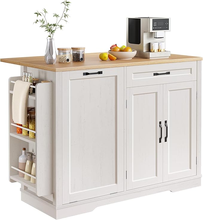 DWVO Tilt-Out Kitchen Trash Cans Cabinet, 50 Inch Rolling Kitchen Island with Drop Leaf, Portable Mobile Storage Island, Hidden Waste Bins Cabinet for 13 Gallon Garbage Bin, White Oak